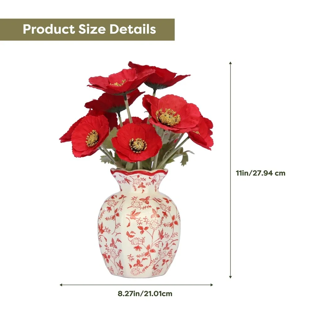 My Texas House Faux Poppies in Red‎ & White Floral Vase